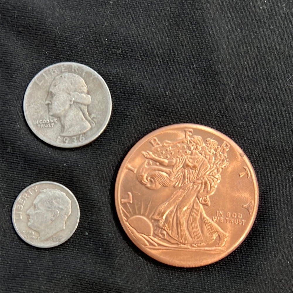 Copper Coin with Liberty Design, Silver quarter and Silver Dime